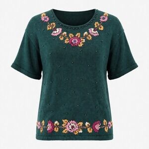 VTG Sweater Colleens Collectables Size L Green Floral Embroidered Beaded